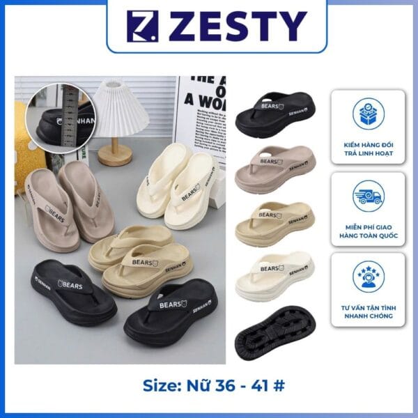 Dép tông xỏ ngón độn đế 5cm dày dặn hình gấu Zesty