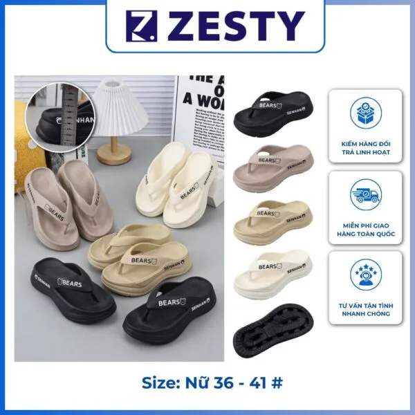 Dép tông xỏ ngón độn đế 5cm dày dặn hình gấu Zesty
