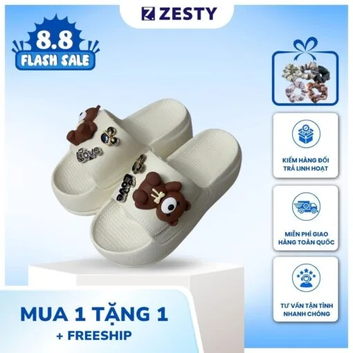 Dép nữ bánh mì nữ quai ngang cao 5cm đính gấu nâu dễ thương