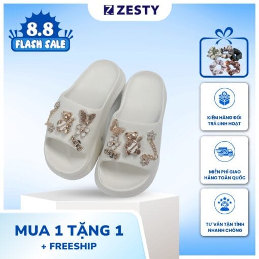 Dép nữ bánh mì cao 5cm đính charmy gấu lấp lánh
