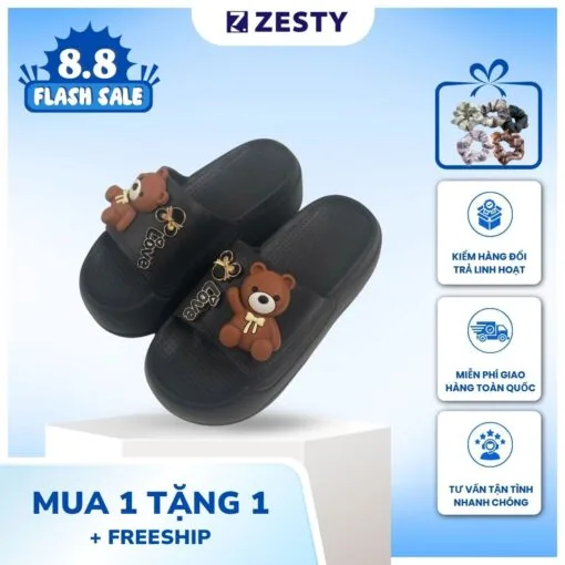 Dép nữ bánh mì nữ quai ngang cao 5cm đính gấu nâu dễ thương