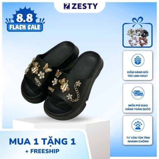 Dép nữ bánh mì cao 5cm đính charmy gấu lấp lánh