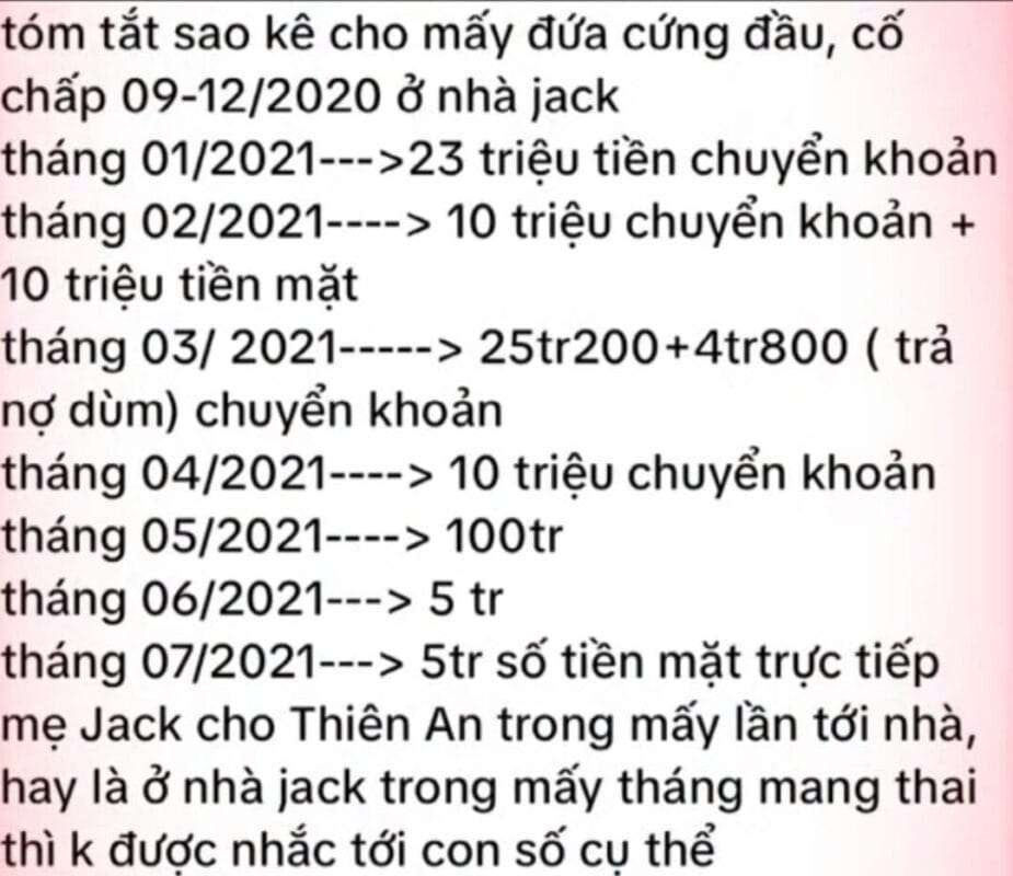 Các mốc thời gian sao kê Jack chuyển khoản cho Thiên An năm 2021