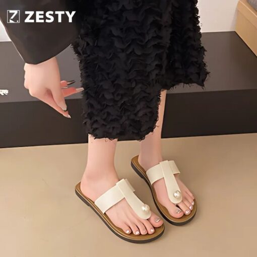 Dép kẹp nữ đá ngọc trai thanh lịch đi biển đi chơi phong cách Hàn quốc Zesty