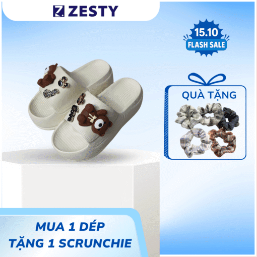 Dép nữ bánh mì nữ quai ngang cao 5cm đính gấu nâu dễ thương