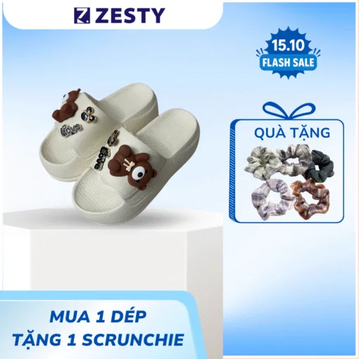 Dép nữ bánh mì nữ quai ngang cao 5cm đính gấu nâu dễ thương