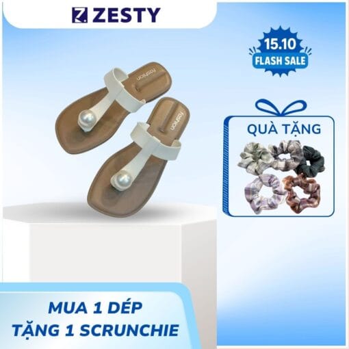Dép kẹp nữ đá ngọc trai thanh lịch đi biển đi chơi phong cách Hàn quốc Zesty