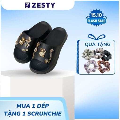 Dép nữ bánh mì cao 5cm đính charmy gấu lấp lánh